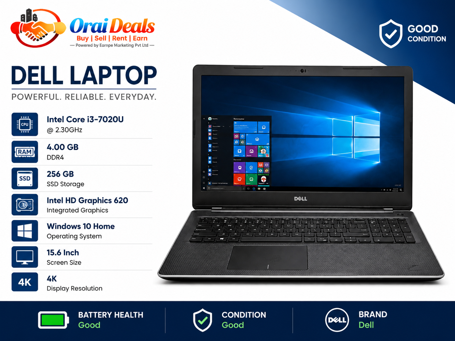 Dell i3 7th Gen Laptop 4GB RAM 256GB SSD Windows 10