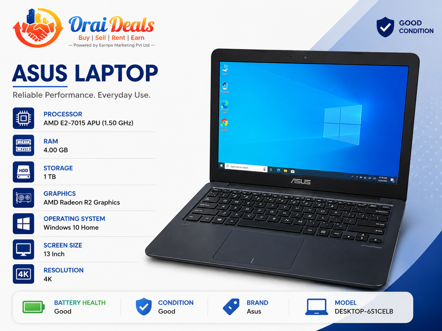 ASUS AMD Laptop 4GB RAM 1TB Storage Windows 10