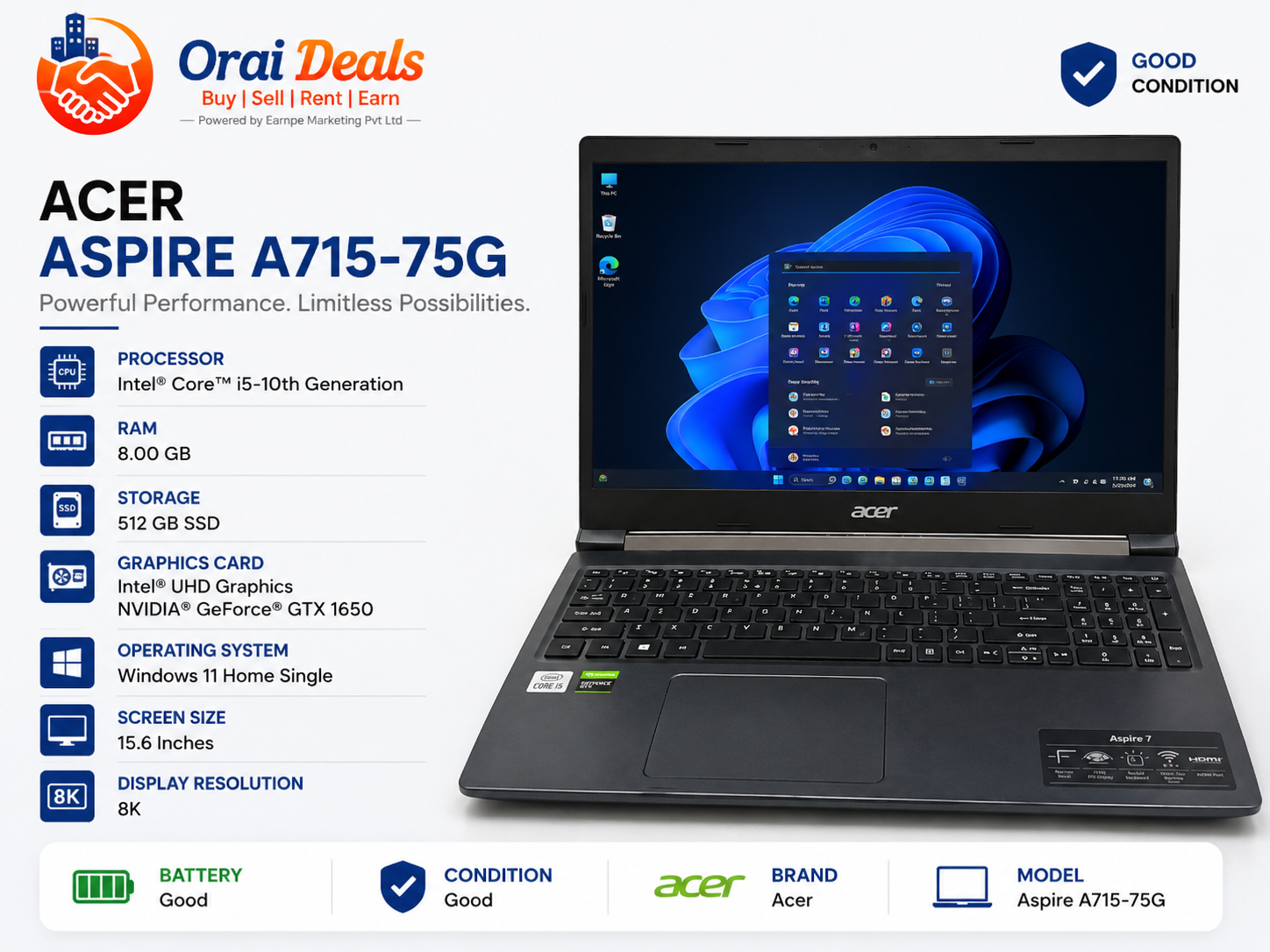 Acer Aspire A715-75G Gaming Laptop i5 10th Gen 8GB RAM 512GB SSD GTX 1650