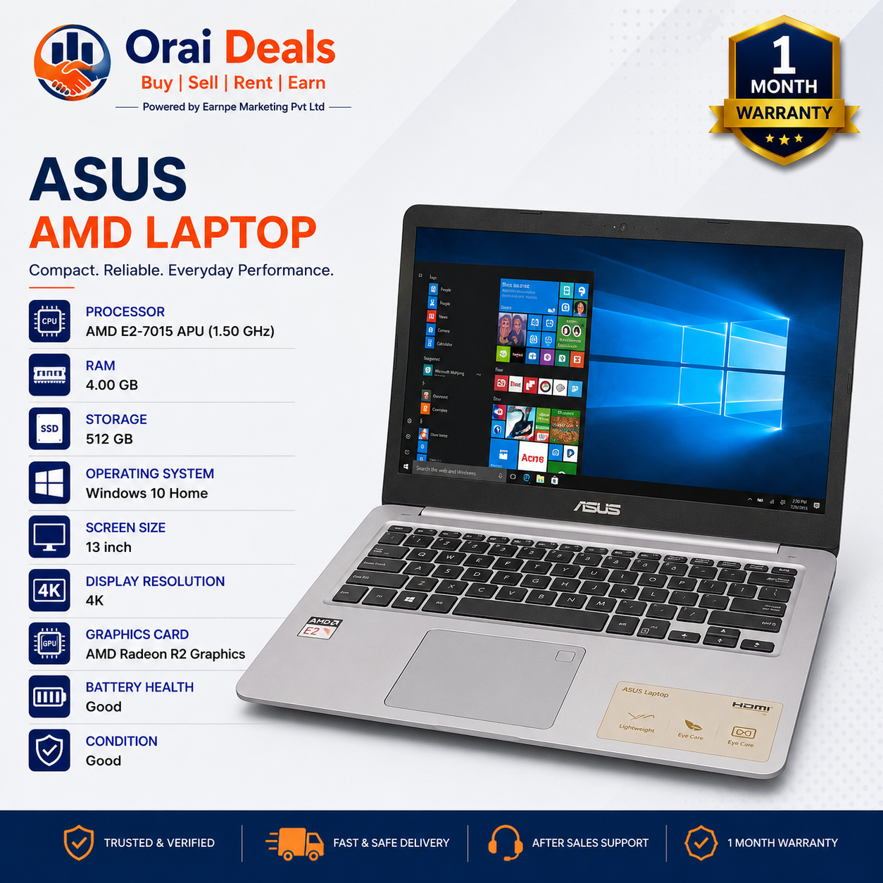 ASUS AMD Laptop 4GB RAM 512GB Storage Windows 10