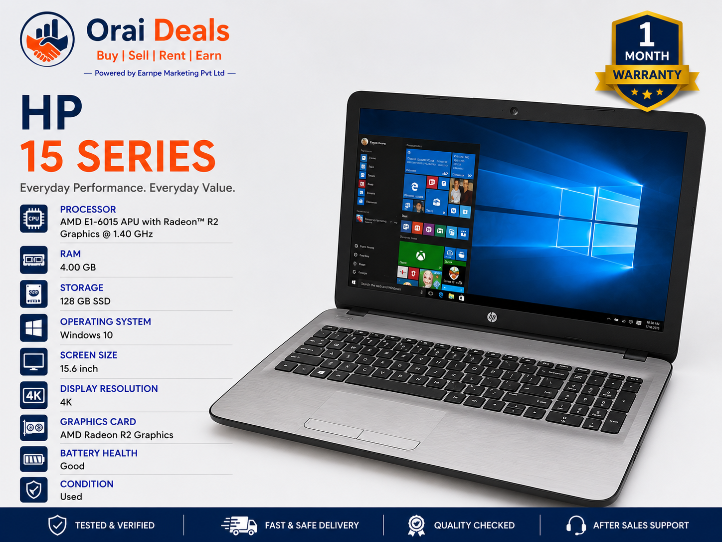 HP 15 Series AMD Laptop 4GB RAM 128GB SSD